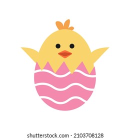 Vector cute chick in egg. Cracked egg with ornament. Colorful.