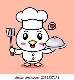 Vector cute chicken cartoon, become a cooking chef.