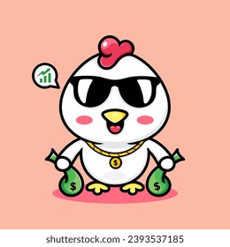 Vector Cute chicken cartoon, wearing sunglasses, gold necklace and carrying two bags of money.