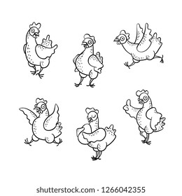 Vector cute chicken and rooster characters monochrome set. Funny birds having fun running, showing thumbs up, hugging egg, dancing. Black and white poutry for farm products design.