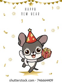Vector Cute Chihuahua dog in Happy new year party , holding red gift box , and wearing cone hat and Scarf, on gold paper shoot background ,winter season