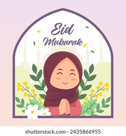 Vector cute child illustration Happy Eid Mubarak background. Vector eps 10