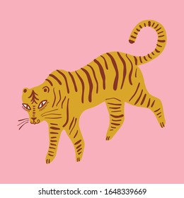 Vector cute childish animal, baby illustration, bengal tiger comic cartoon style art, stripes pattern. Hand drawn print for posters, cards, t-shirts