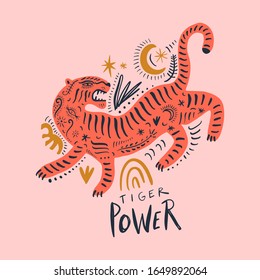 Vector cute childish animal, baby illustration, bengal tiger comic cartoon style art, stripes pattern. Hand drawn lettering print for posters, cards, t-shirts