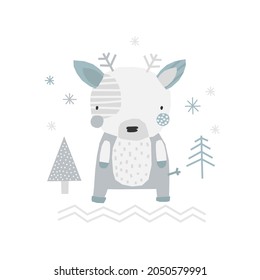 Vector lindo ilustración infantil dibujada a mano con un ciervo en el bosque, copos de nieve y árboles en un fondo blanco. Tarjeta de Año Nuevo de Navidad de invierno. Ideal para niños con tarjeta de saludo, impresión, afiche.