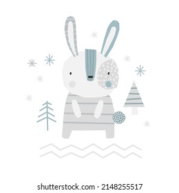 Vector cute childish hand-drawn illustration with a bunny in the forest, snowflakes and trees on a white background. Winter Christmas new year card. Ideal for kids greeting card, print, poster.
