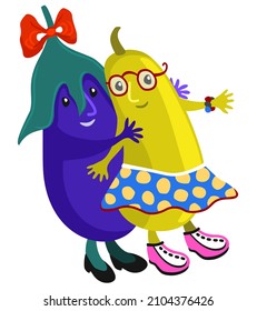 Vector cute childish isolated illustration of two girlfriends, eggplant and zucchini. Bright friendship concept.