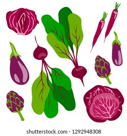 vector cute childish purple vegetables cabbage salad eggplant artichoke carrot white for your design menu cafe farmer market