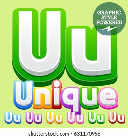 Vector cute children alphabet set. Contains different graphic style. Letter U