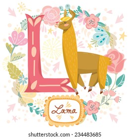 Vector cute children Animals Alphabet. Letter "L" lovely Lama. One of the set. 
