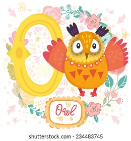 Vector cute children Animals Alphabet. Letter "O" beautiful Owl. One of the set. 