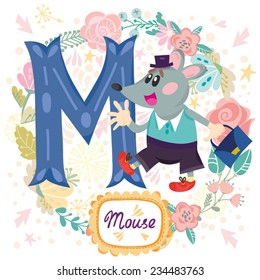 Vector cute children Animals Alphabet. Letter "M" busy mister Mouse. One of the set. 