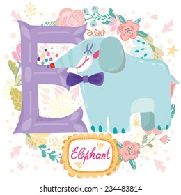 Vector cute children Animals Alphabet. Letter "E" cute clown Elephant. One of the set. 