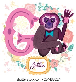 Vector cute children Animals Alphabet. Letter "G" cute and friendly Gibbon. One of the set. 