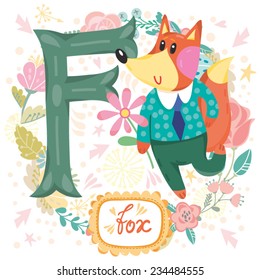 Vector cute children Animals Alphabet. Letter "F" Lovely mister Fox One of the set. 