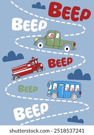Vector cute children birthday card with green car, fire engine and blue bus for boys on blue bsckground	