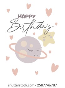 Vector cute children birthday card with little planet and star with hearts. Vector illustration of cute little space.