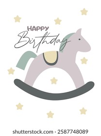 Vector cute children birthday card with little rocking horse with stars. Vector illustration of cute little rocking horse.