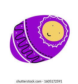 Vector cute childrens scandinavian doodle. Baby in purple blanket with black-white ornament. Isolated on white background. Kawaii Smiling character wrapped in diapers. Newborn boy or girl. Baby shower
