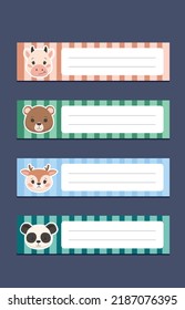 Vector cute children's study stickers with cow, bear, deer and panda on a background of pastel colors