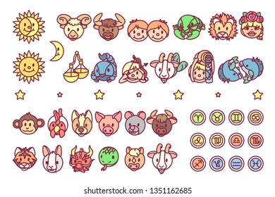 vector cute chinese astrology zodiac icon set