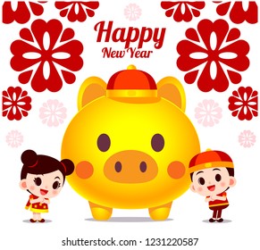 Vector cute Chinese boy and girl character with giant golden pig for happy new year card