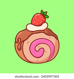 Vector cute Chocolate roll with strawberries illustration cartoon doodle flat colorful line art vector design isolated object icon