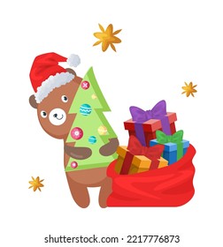 Vector cute Christmas bear animal cartoon illustration. Winter holiday happy character card design for xmas and new year greeting or invitation. Baby creature with fir tree and gift full of sack