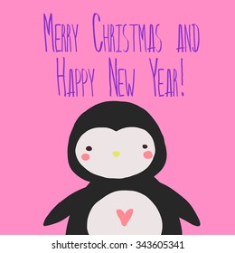 Vector cute Christmas card with a children drawing animal penguin