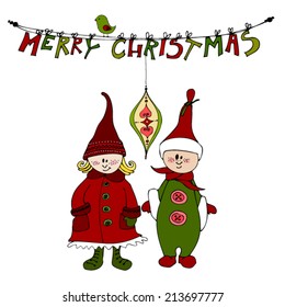 vector cute Christmas card design with illustrated Christmas elves