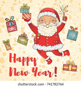 Vector cute christmas card with funny happy Santa Claus. Hand-drawn color bright Christmas template for design. Hand-drawn cute illustration with seamless background. Happy New Year! 
