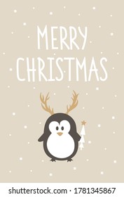 Vector cute Christmas card with white hand lettering Merry Christmas and hand drawn grey brown Penguin with horns and christmas tree isolated on beige background.