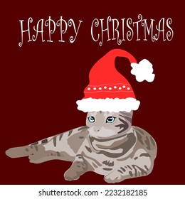Vector of cute Christmas Cat wearing Santa Claus Hat with Happy Christmas Background.
