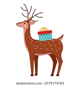 Vector cute christmas character deer with gift box isolated on white background. Christmas holidays, flat design icon
