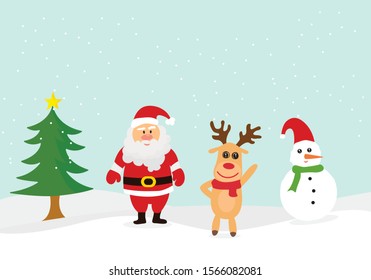 Vector Cute Christmas characters of santa claus reindeer and snowman winter snowy.