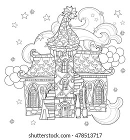 Vector cute christmas fairy europe tale town doodle.Hand drawn line illustration.Sketch for postcard or print or coloring anti stress adult book.Boho zen art style.