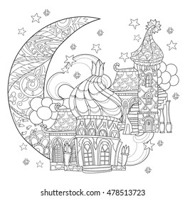 Vector cute christmas fairy europe tale town doodle.Hand drawn line illustration.Sketch for postcard or print or coloring anti stress adult book.Boho zen art style.