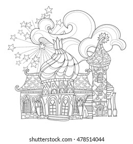 Vector cute christmas fairy europe tale town doodle.Hand drawn line illustration.Sketch for postcard or print or coloring anti stress adult book.Boho zen art style.