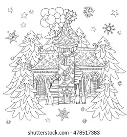 Vector cute christmas fairy europe tale town doodle.Hand drawn line illustration.Sketch for postcard or print or coloring anti stress adult book.Boho zen art style.