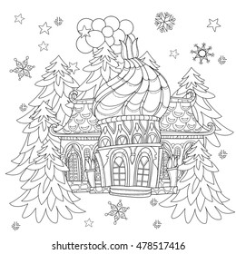 Vector cute christmas fairy europe tale town doodle.Hand drawn line illustration.Sketch for postcard or print or coloring anti stress adult book.Boho zen art style.