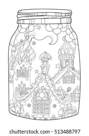 Vector cute christmas fairy europe tale town doodle in magic jar.Hand drawn line illustration.Sketch for postcard or print or coloring anti stress adult book.Boho zen art style.