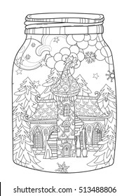 Vector cute christmas fairy europe tale town doodle in magic jar.Hand drawn line illustration.Sketch for postcard or print or coloring anti stress adult book.Boho zen art style.