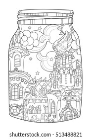 Vector cute christmas fairy europe tale town doodle in magic jar.Hand drawn line illustration.Sketch for postcard or print or coloring anti stress adult book.Boho zen art style.