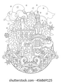 Vector cute christmas fairy tale town doodle on moon.Hand drawn line illustration.Sketch for postcard or print or coloring anti stress adult book.Boho zen art style.