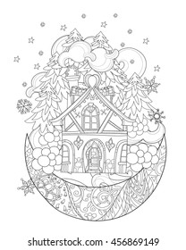 Vector cute christmas fairy tale town doodle on moon.Hand drawn line illustration.Sketch for postcard or print or coloring anti stress adult book.Boho zen art style.