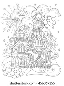 Vector cute christmas fairy tale town doodle.Hand drawn line illustration.Sketch for postcard or print or coloring anti stress adult book.Boho zen art style.