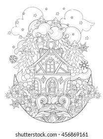 Vector cute christmas fairy tale town doodle on moon.Hand drawn line illustration.Sketch for postcard or print or coloring anti stress adult book.Boho zen art style.