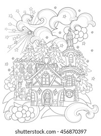 Vector cute christmas fairy tale town doodle.Hand drawn line illustration.Sketch for postcard or print or coloring anti stress adult book.Boho zen art style.