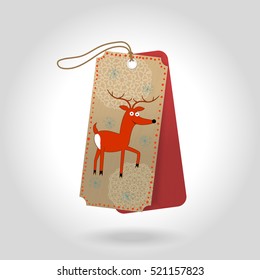 Vector cute Christmas gift tags with cheerful red reindeer and decoration snowflakes
