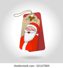 Vector cute christmas gift tags with funny squinted Santa Claus and with decoration snowflakes, christmas holly berry